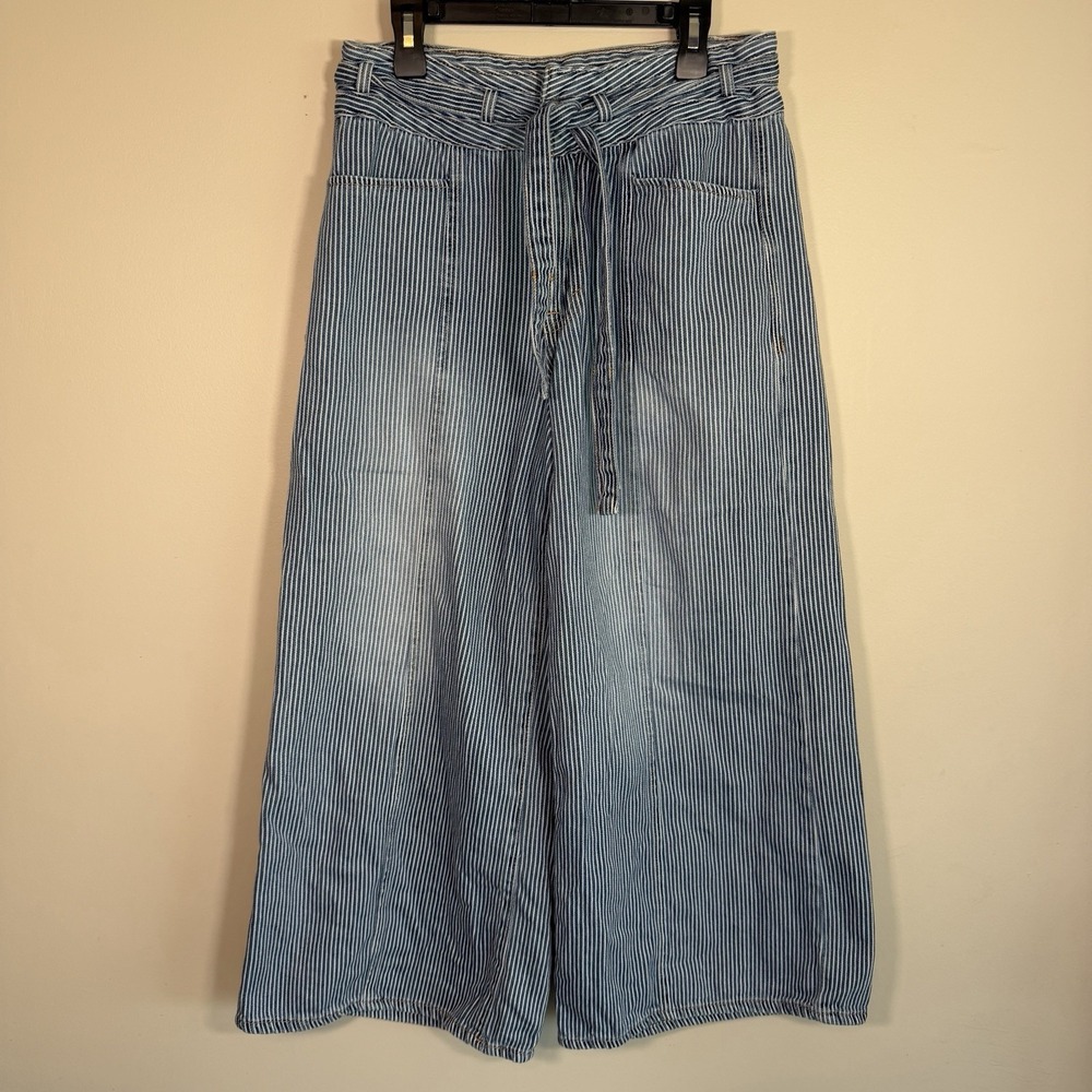 Kensie Jeans Wide Leg Belted Striped Denim Cropped Womens 4